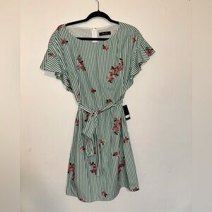 Nine West Green & Pink Striped Dress with Floral Appliqué, Ruffle Sleeve, & Belt